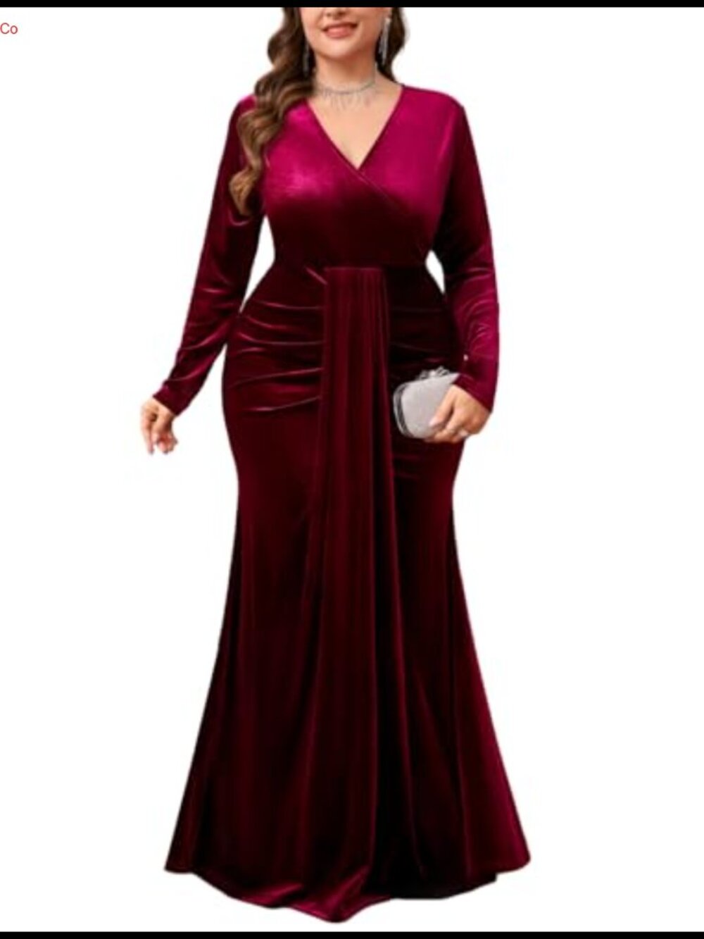 Plus Size Velvet Wrap Dress Long Sleeve V Neck Mermaid Maxi Formal Evening Gown